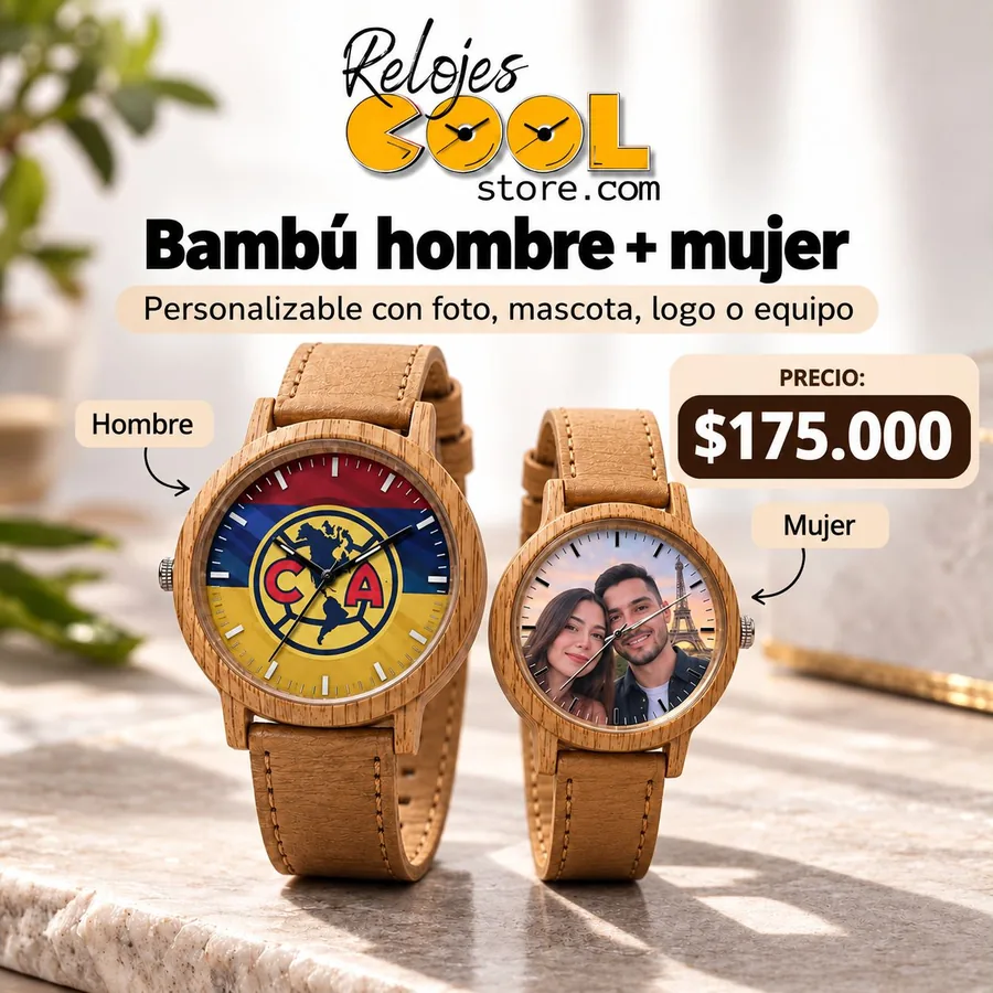 Reloj Bambú hombre + mujer personalizable, $175.000 COP