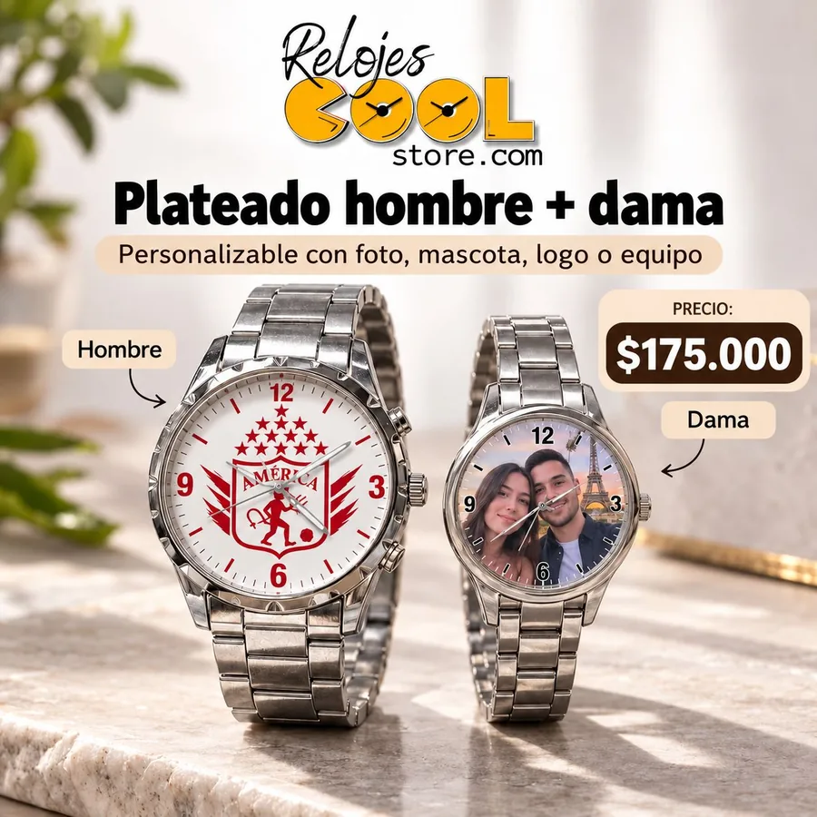 Reloj Plateado hombre + dama personalizable, $175.000 COP