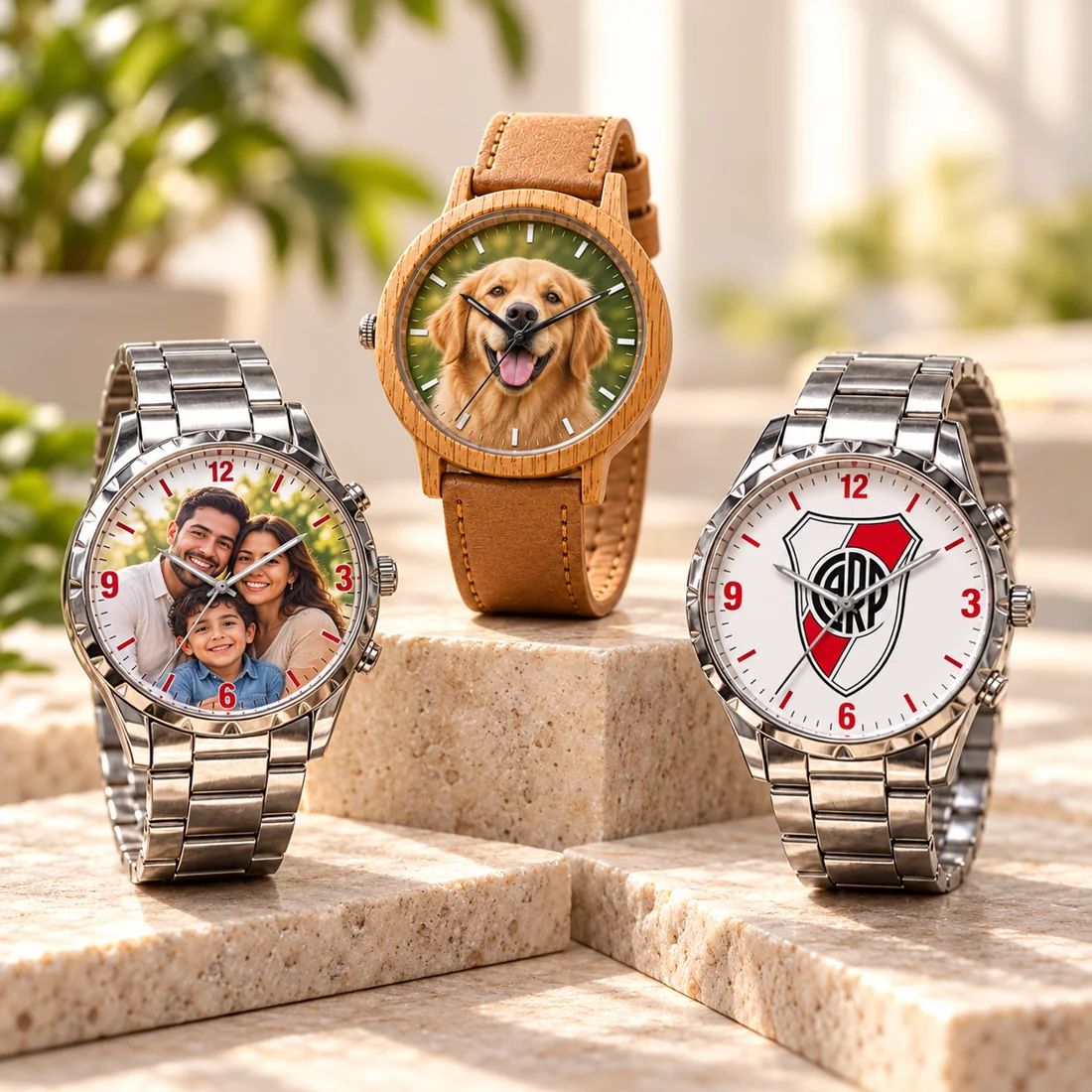 Ejemplos de personalización: reloj plateado con foto familiar, bambú con mascota y plateado con equipo