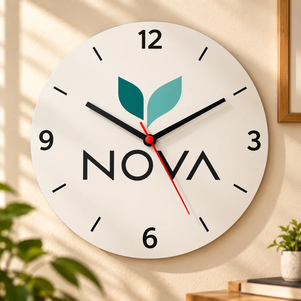 Ejemplo ilustrativo de reloj de pared personalizado con empresa, manecillas negras y segundero rojo