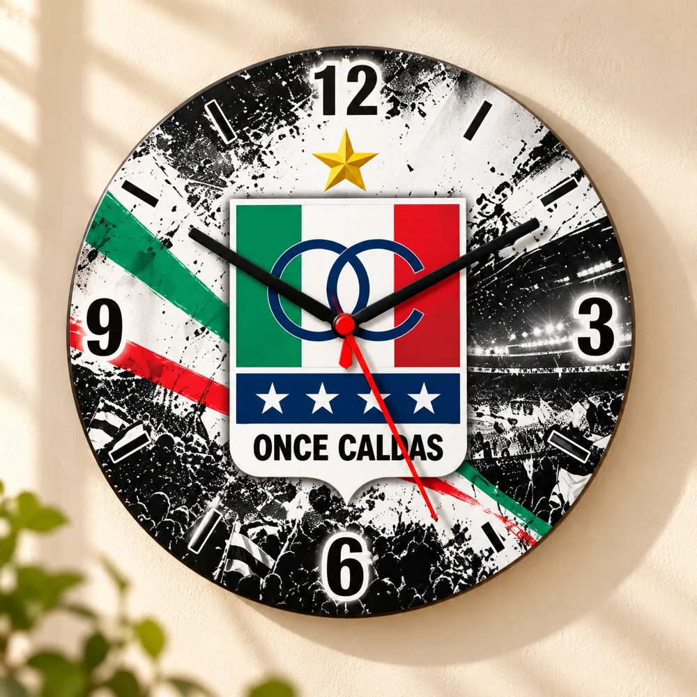 Ejemplo ilustrativo de reloj de pared personalizado con equipo, manecillas negras y segundero rojo