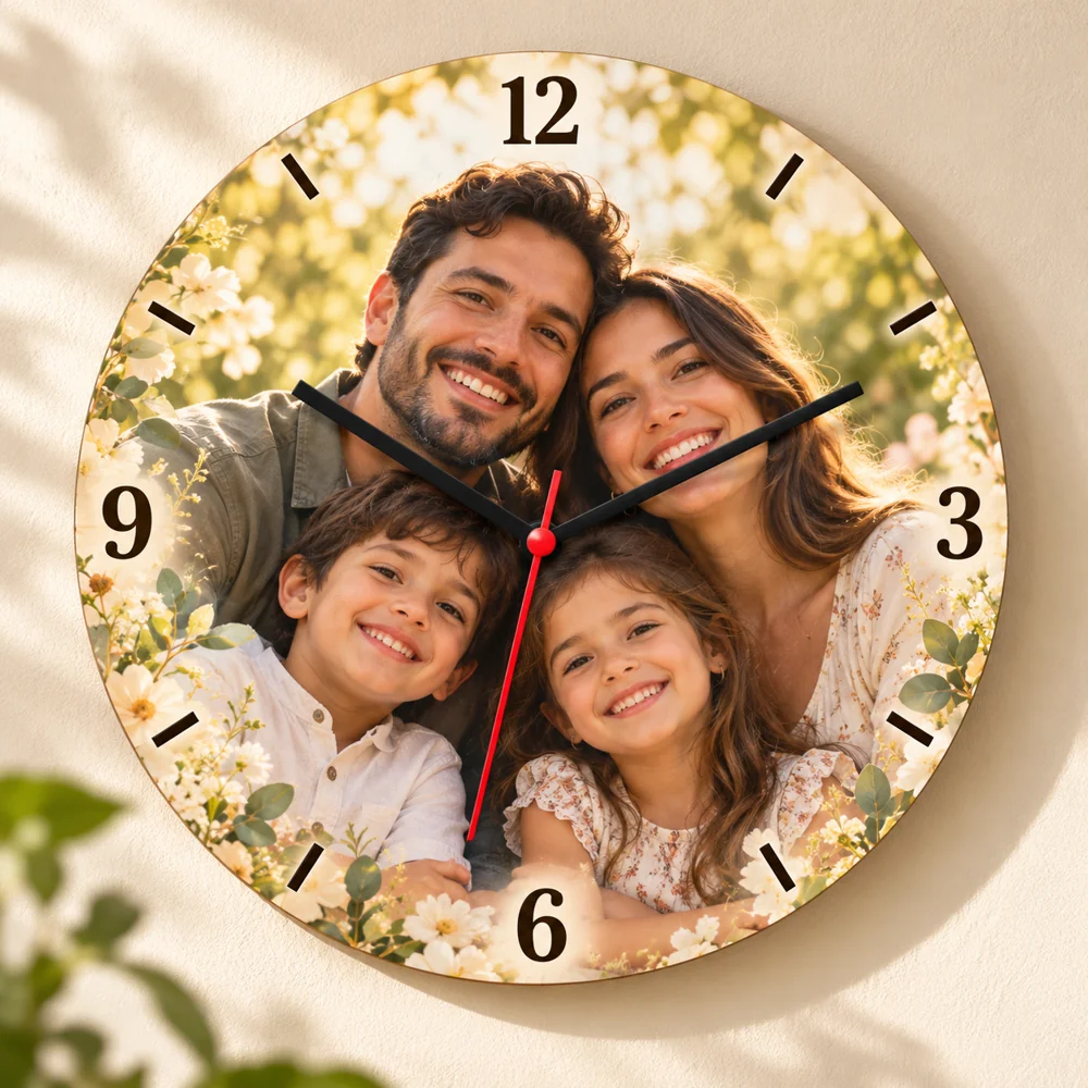 Ejemplo ilustrativo de reloj de pared personalizado con familia, manecillas negras y segundero rojo