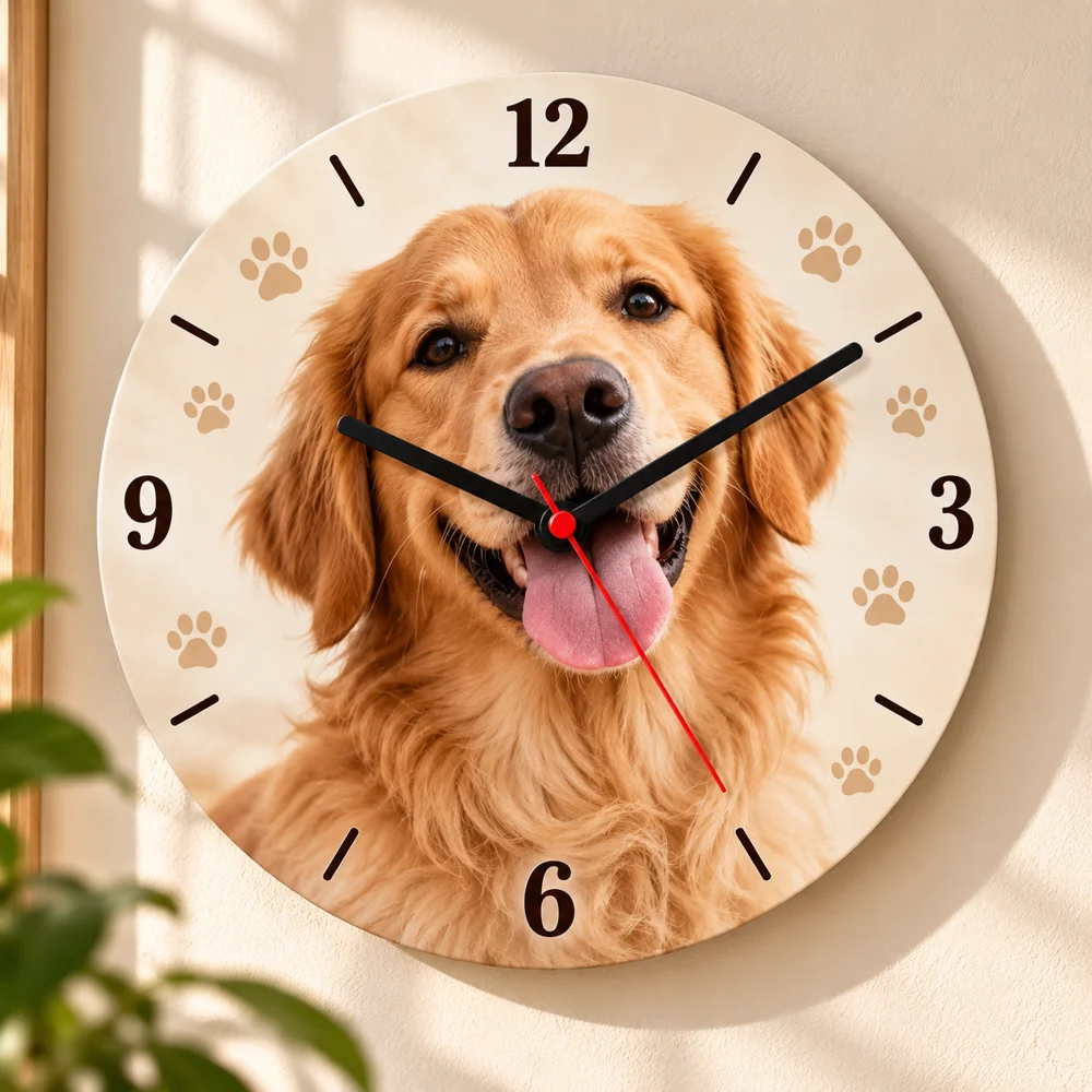 Ejemplo ilustrativo de reloj de pared personalizado con mascota, manecillas negras y segundero rojo